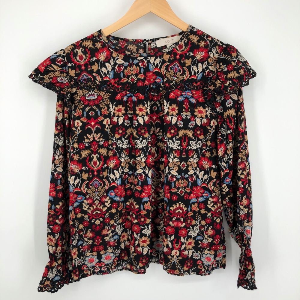 Loft Womens Blouse Size Large Floral‎ Crochet Ruffle Black Red Office Career
